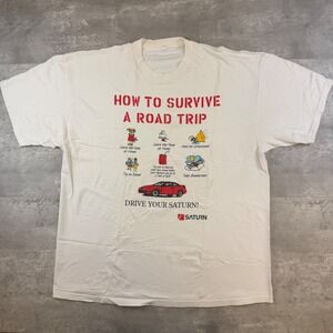 Vintage Saturn Road Trip Graphic T-Shirt Mens XL Cream 90s Promo Car Tee